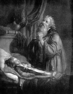 Una de las curaciones bíblicas por excelencia: Elias curando al hijo de la viuda, grabado. Credito: Wellcome Library, London. Wellcome Images